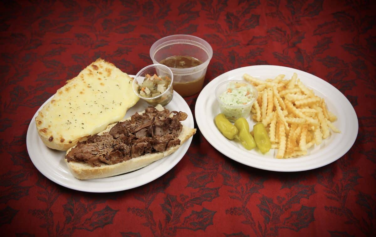Italian Beef Sandwich w/ Mozzarella, Au Jus, & Giardiniera